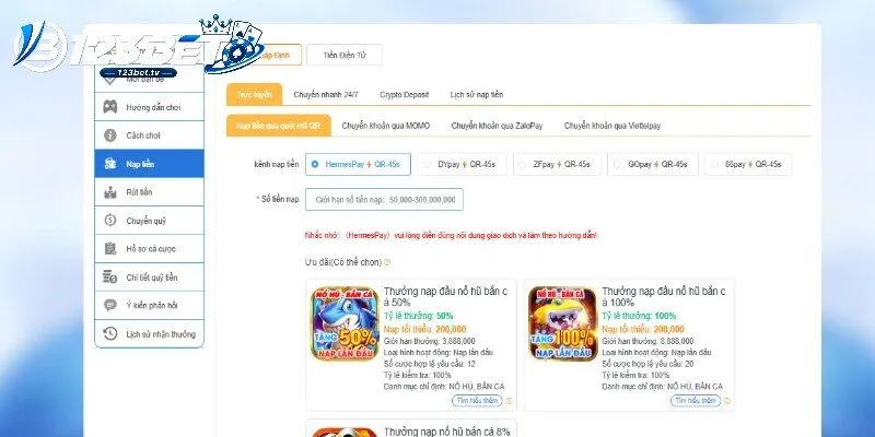 Các kênh chuyển tiền được trình bày dễ hiểu