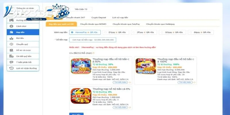 Cách nạp tiền 123BET cần đúng dữ liệu