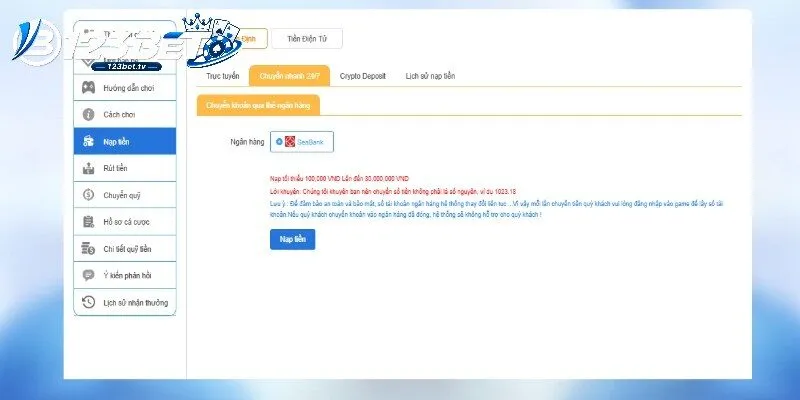Giao dịch nạp rút 123BET đi theo từng bước